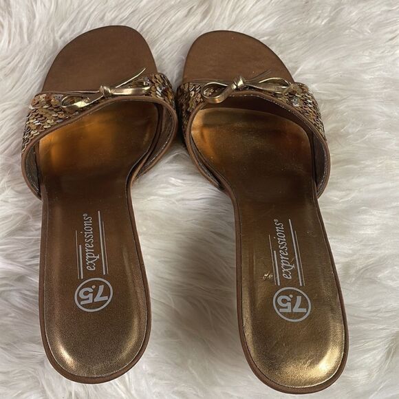 Expressions Sequined Slide In Heels, Size 7.5, Goldtone and Bronzetone Sequins - Picture 9 of 12